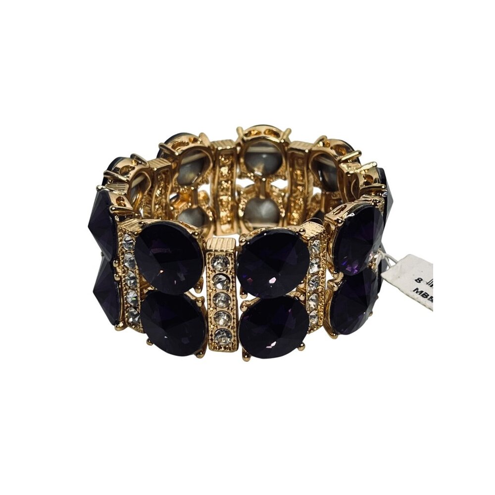 Gold Tone Clear Rhinestone And Purple Rivoli Stretch Bracelet (6243) - Picture 5 of 7